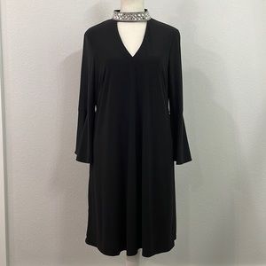 Prelude Black Cocktail Party Dress Rhinestone Neck Keyhole V-Neck Bell Sleeve